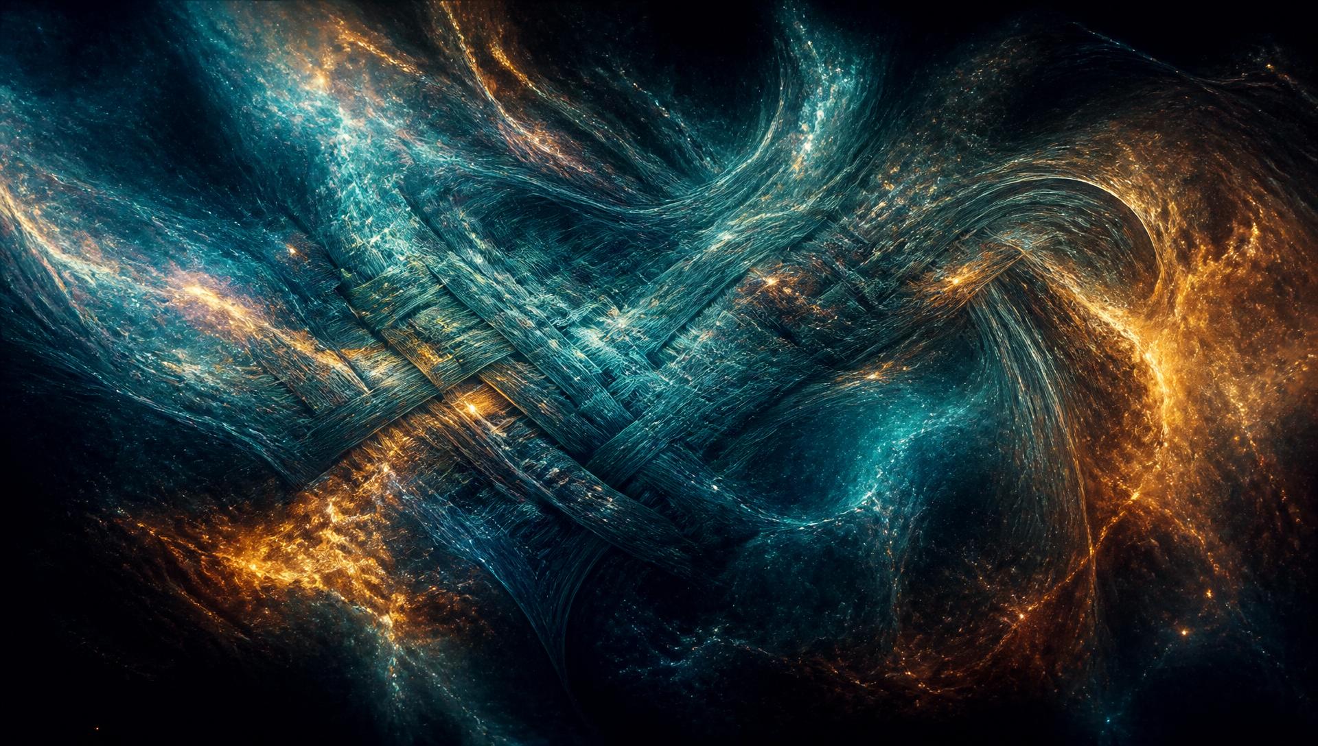 Woven teal and amber nebula filaments on a deep space background